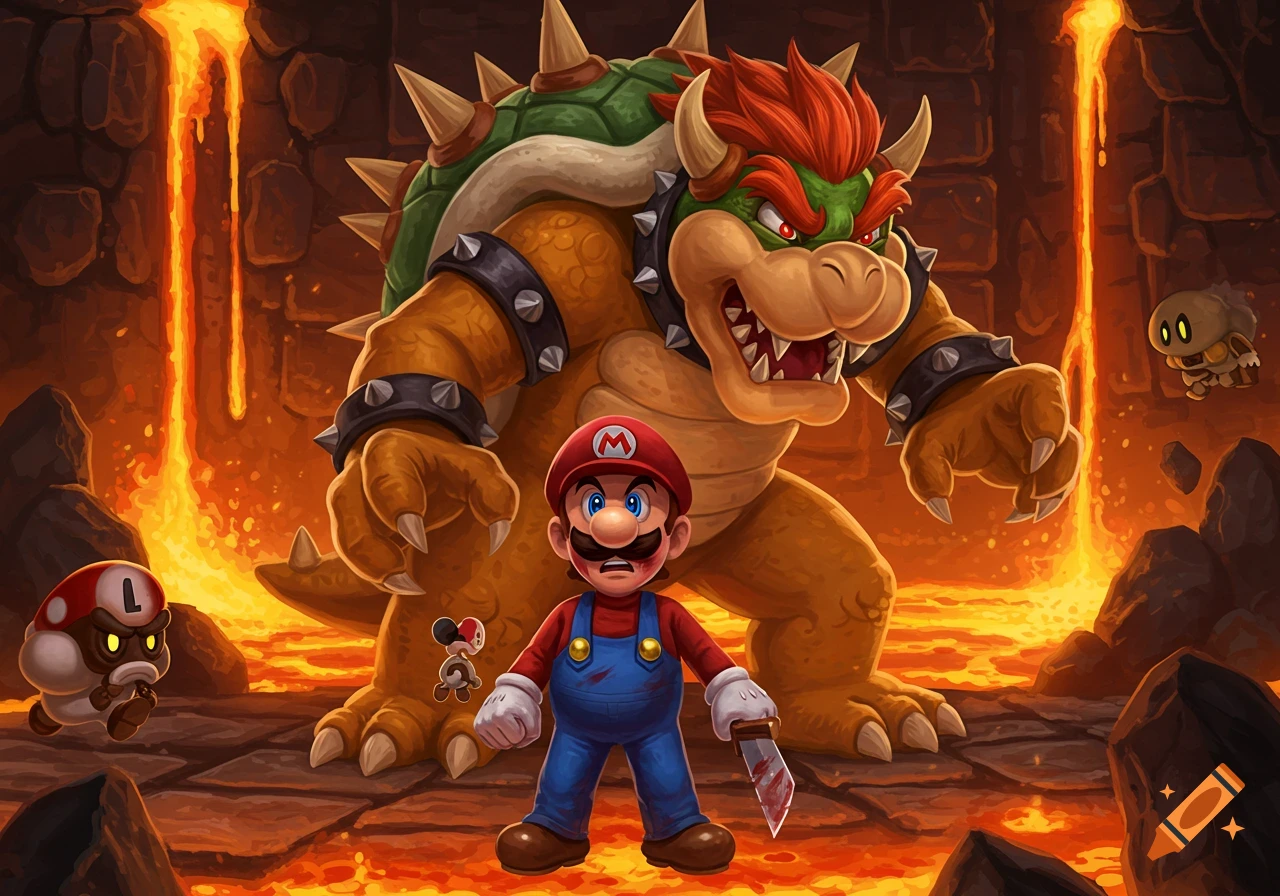 Mario, with a cut face and bloody knife, confronts a giant, menacing Bowser in a lava-filled castle dungeon, with small enemies nearby.