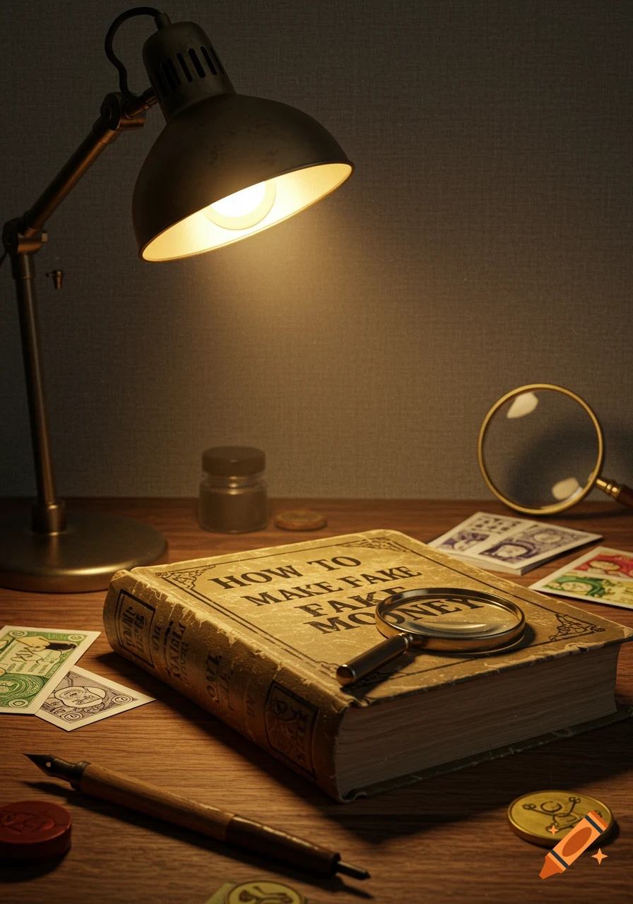 Desk lamp illuminates an old book 'HOW TO MAKE FAKE MONEY' with a magnifying glass, pen, and currency on a wooden desk.