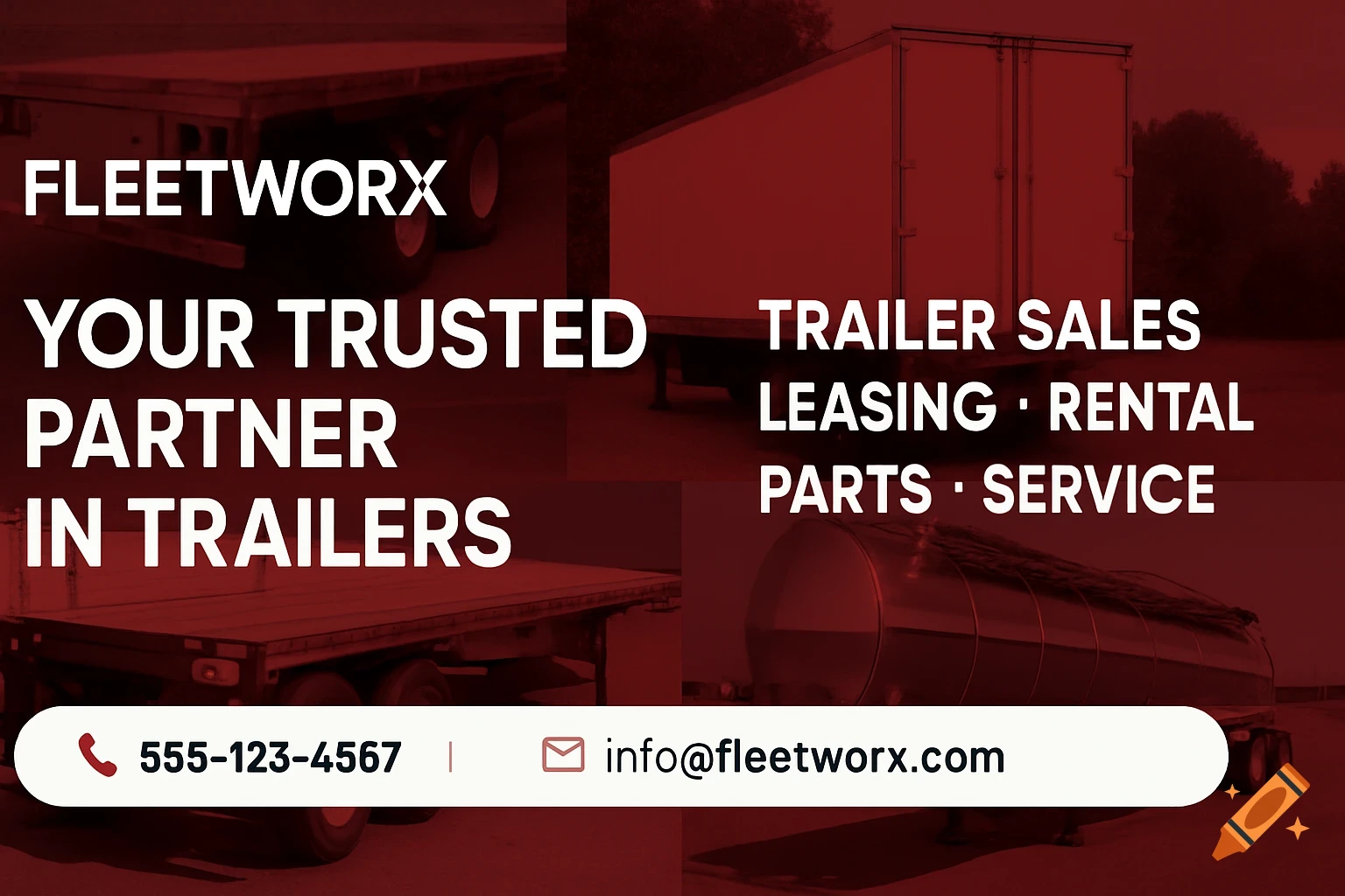 Red and black banner for FLEETWORX, advertising trailer sales, leasing, and service, with contact information over various trailers.