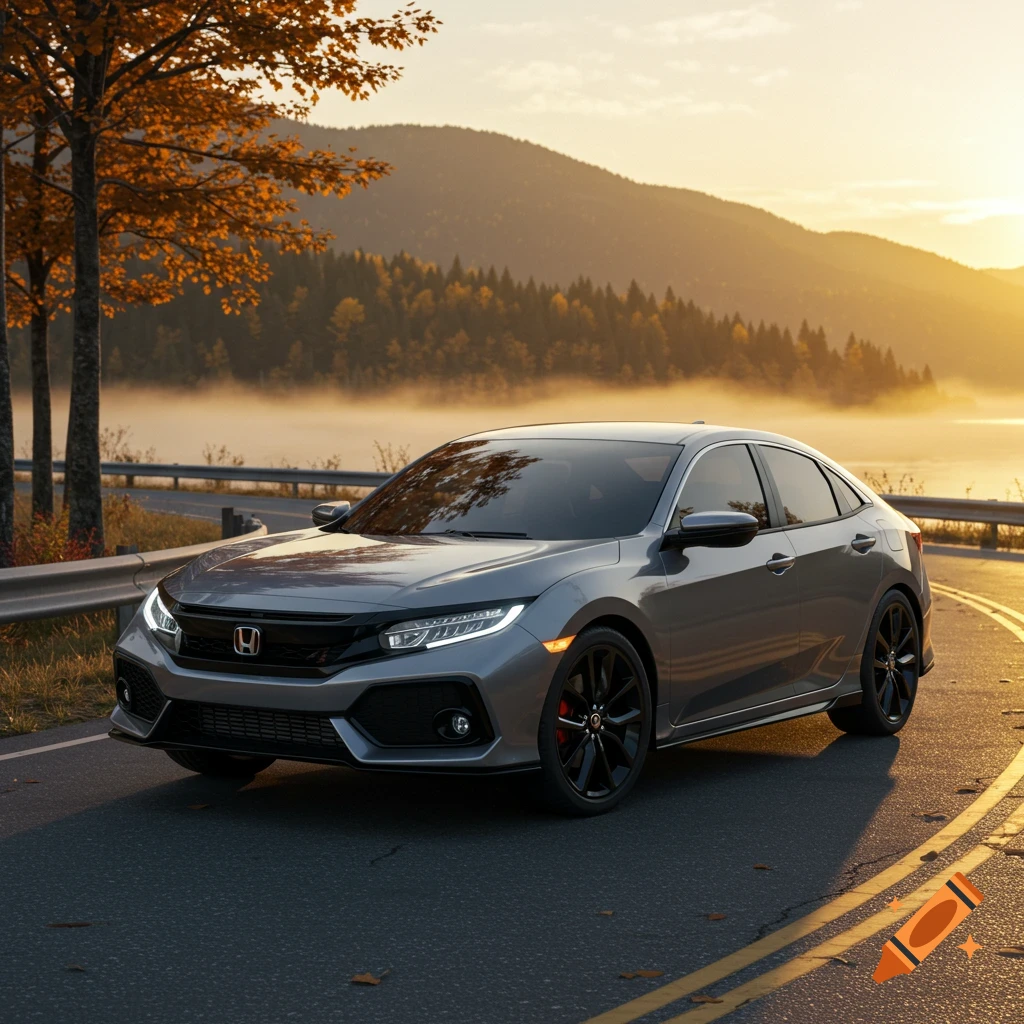 A grey Honda Civic-like sedan drives on a winding road with autumn trees, mountains, and a foggy lake at sunset, photorealistic.