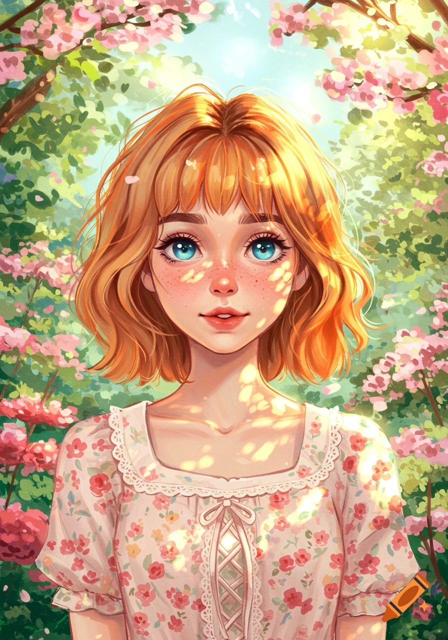 Anime style portrait of a girl with orange-blond hair and blue eyes, smiling in a sunny garden with pink flowers.