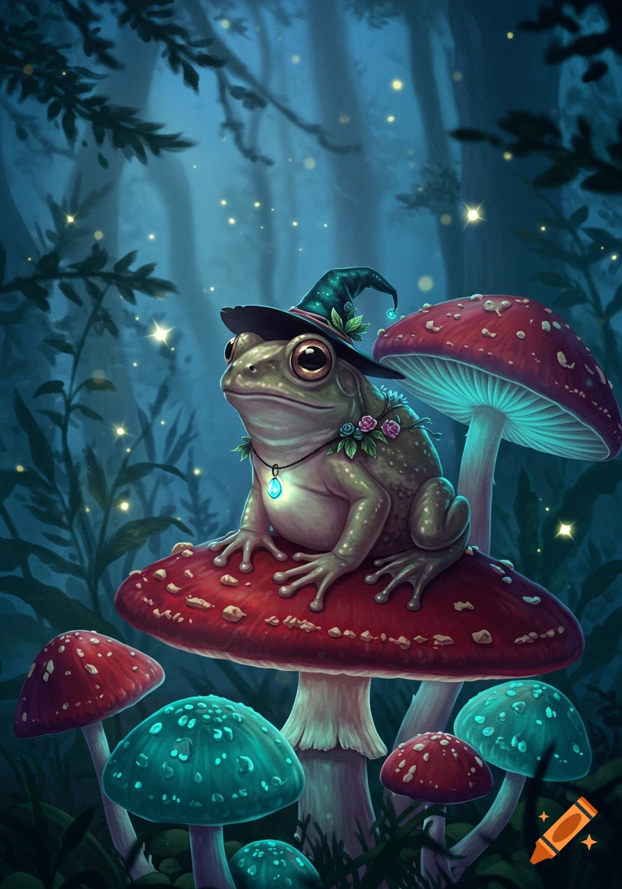A cute frog wearing a witch hat and a pendant sits on a large red mushroom in a glowing, dark forest.