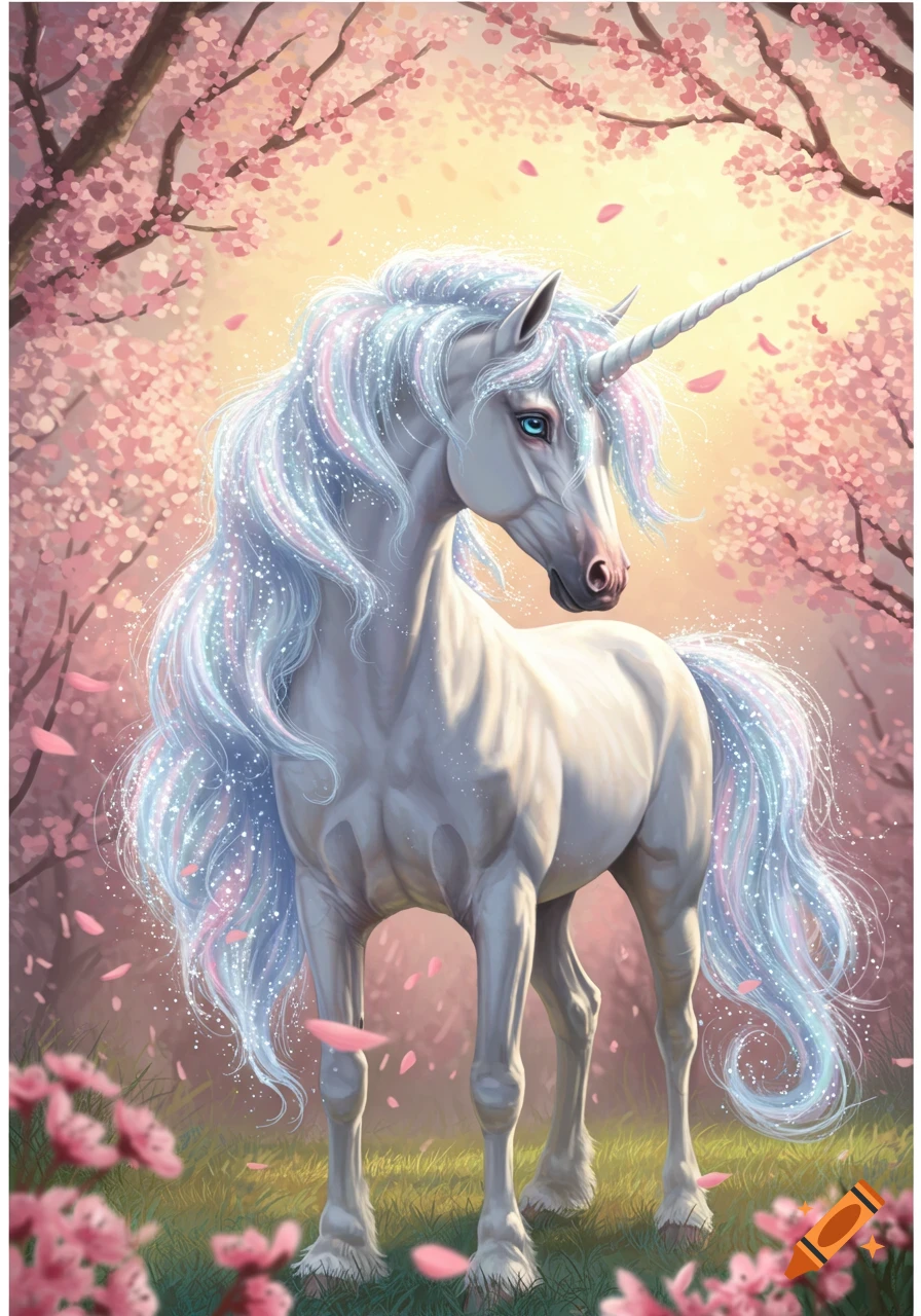 A mythical white unicorn with a sparkling, multi-colored mane and tail stands in a vibrant cherry blossom forest with pink petals falling.