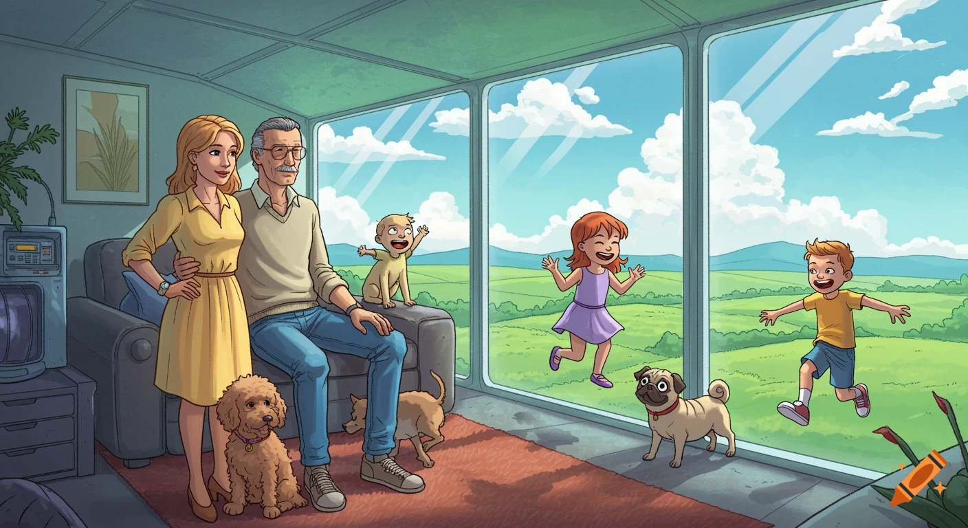 Cartoon of a family (parents, 3 kids) and two dogs in a modern glass house overlooking a bright green landscape.