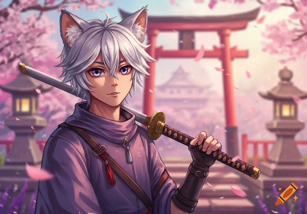 Anime catboy swordsman holding a katana in a Japanese garden with pink cherry blossoms and a red torii gate.