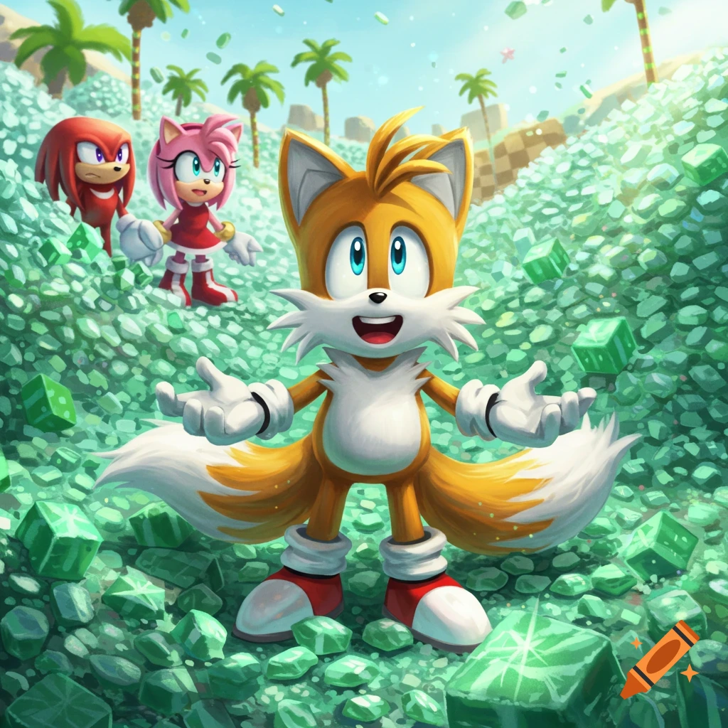 Tails stands happy among a pile of sparkling green gems, with Knuckles and Amy behind him in a cartoon tropical landscape.