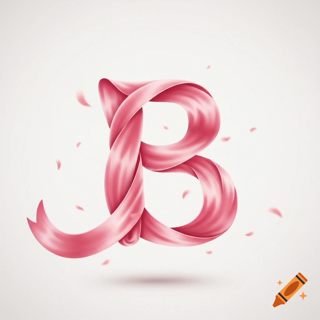 A vibrant pink ribbon forms the elegant letter B, with small falling petals and a soft shadow on a white background. Digital art.