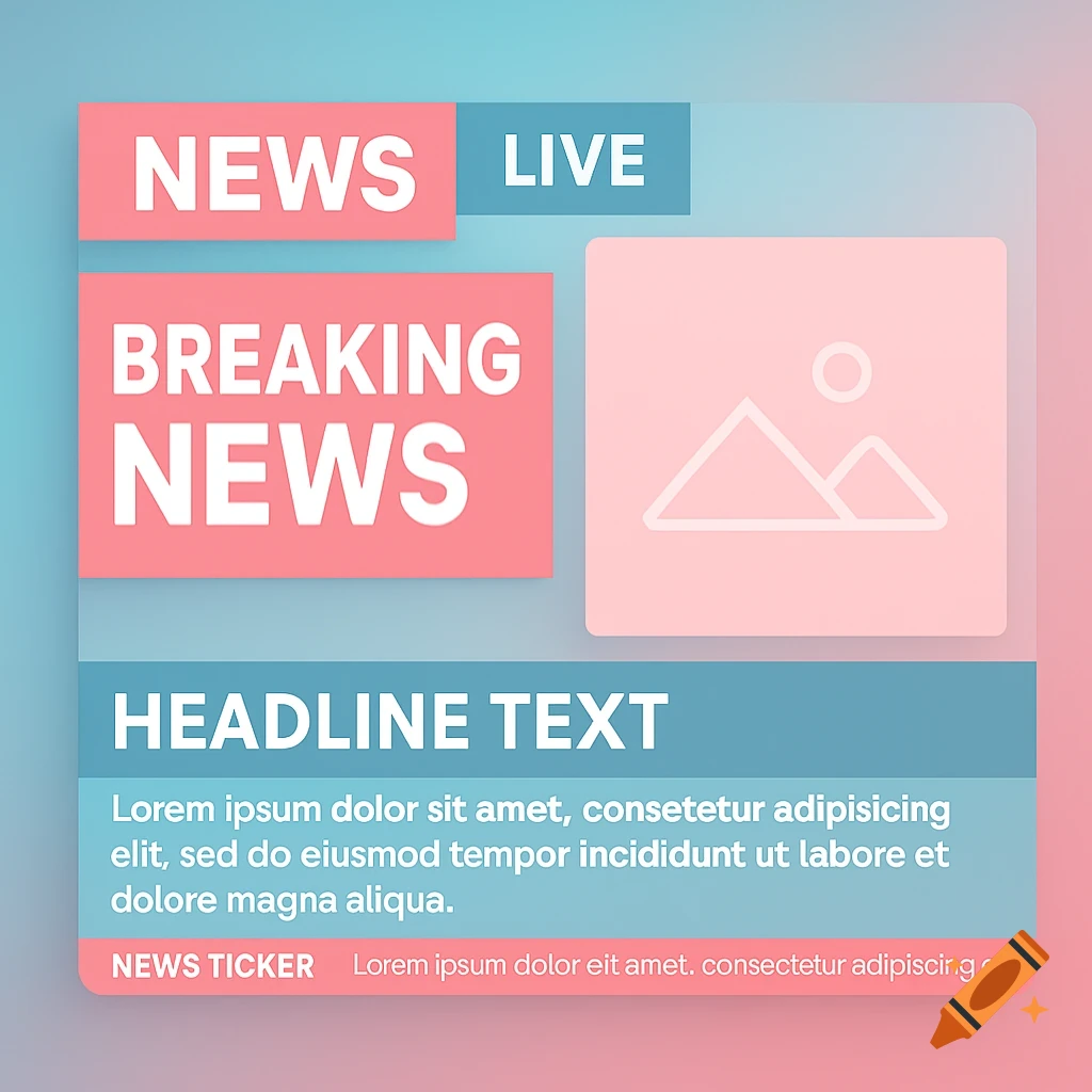 Digital graphic of a news template with 'NEWS', 'BREAKING NEWS', 'HEADLINE TEXT', and placeholder text, featuring an image icon, in pink and light blue.