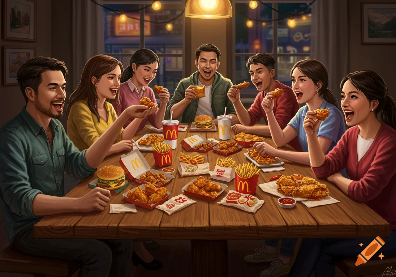 An illustration of seven happy adults enjoying a large fast-food meal with chicken, fries, and burgers around a wooden table in a dimly lit setting.