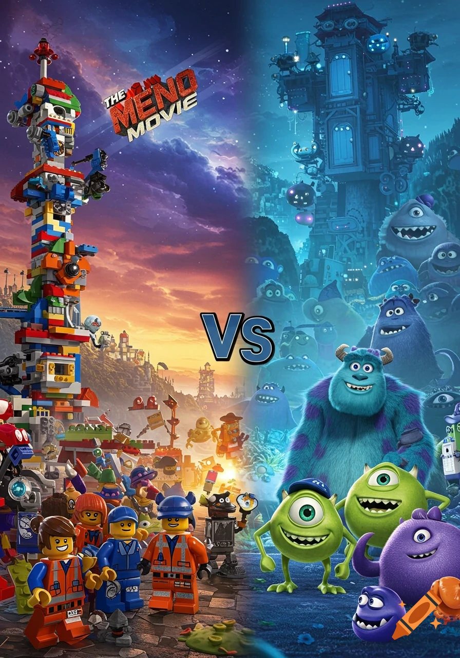 Vibrant movie poster showing Lego characters on the left with a city at sunset, and Monsters Inc. characters on the right with a city at night, separated by a large 'VS' symbol.
