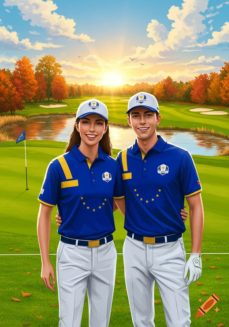 Two smiling golfers in blue Team Europe Ryder Cup uniforms on a lush golf course at sunset.