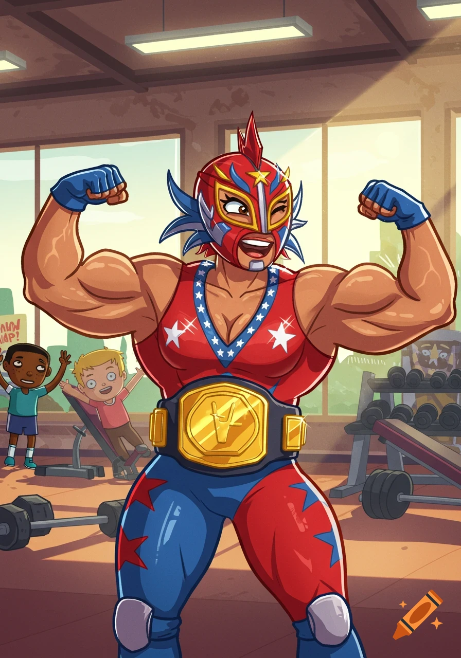 A strong female masked wrestler in a red, white, and blue costume flexes her muscles in a 2D cartoon gym as children watch.