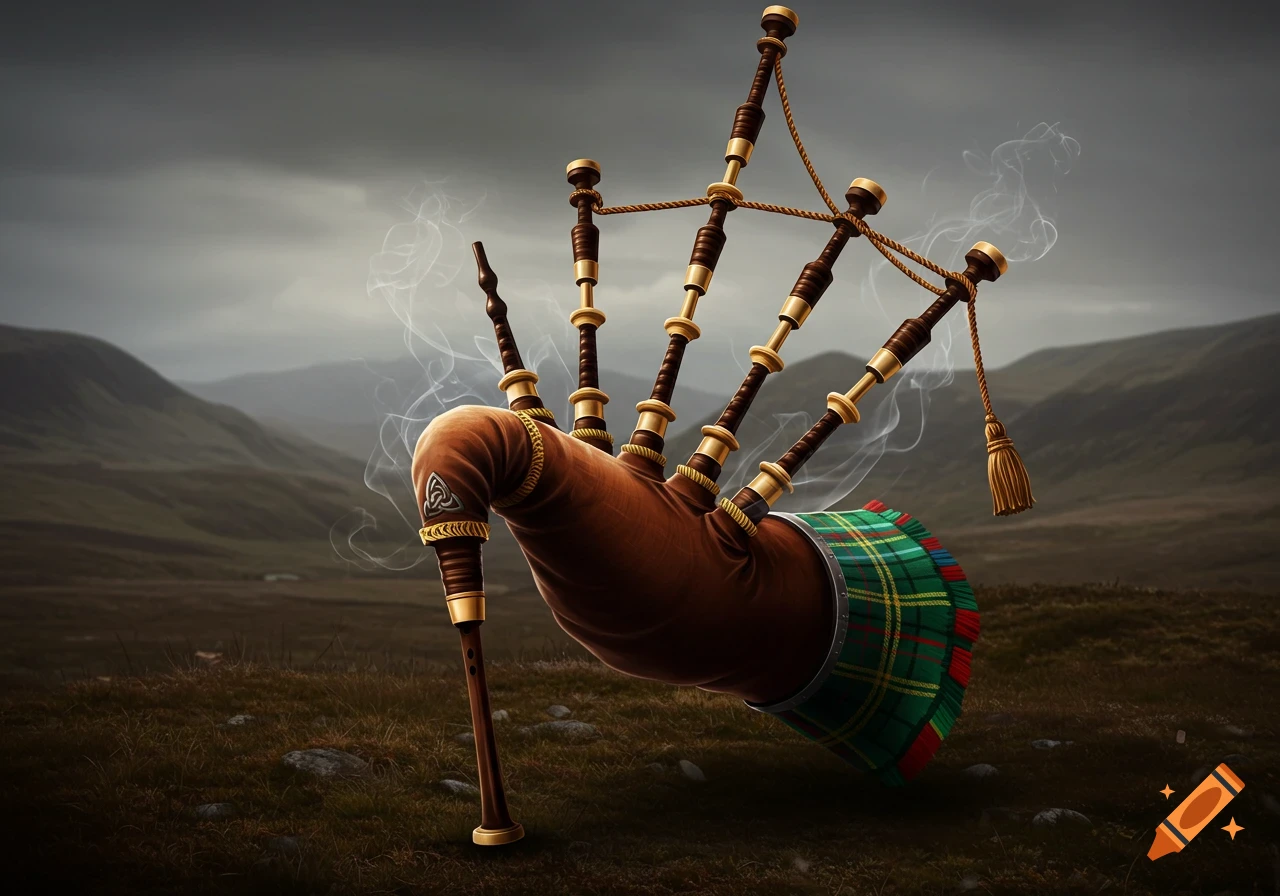 Stylized bagpipes with a brown leather bag and green plaid cover, set against a misty, rolling Scottish landscape under a dark, cloudy sky.