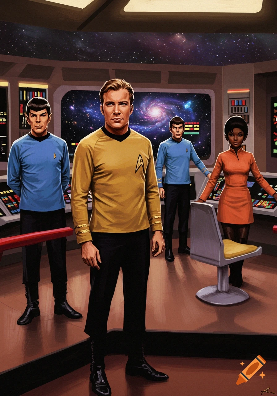 Captain Kirk, Spock, and two other Star Trek crew members stand on the Enterprise bridge in a painted style.