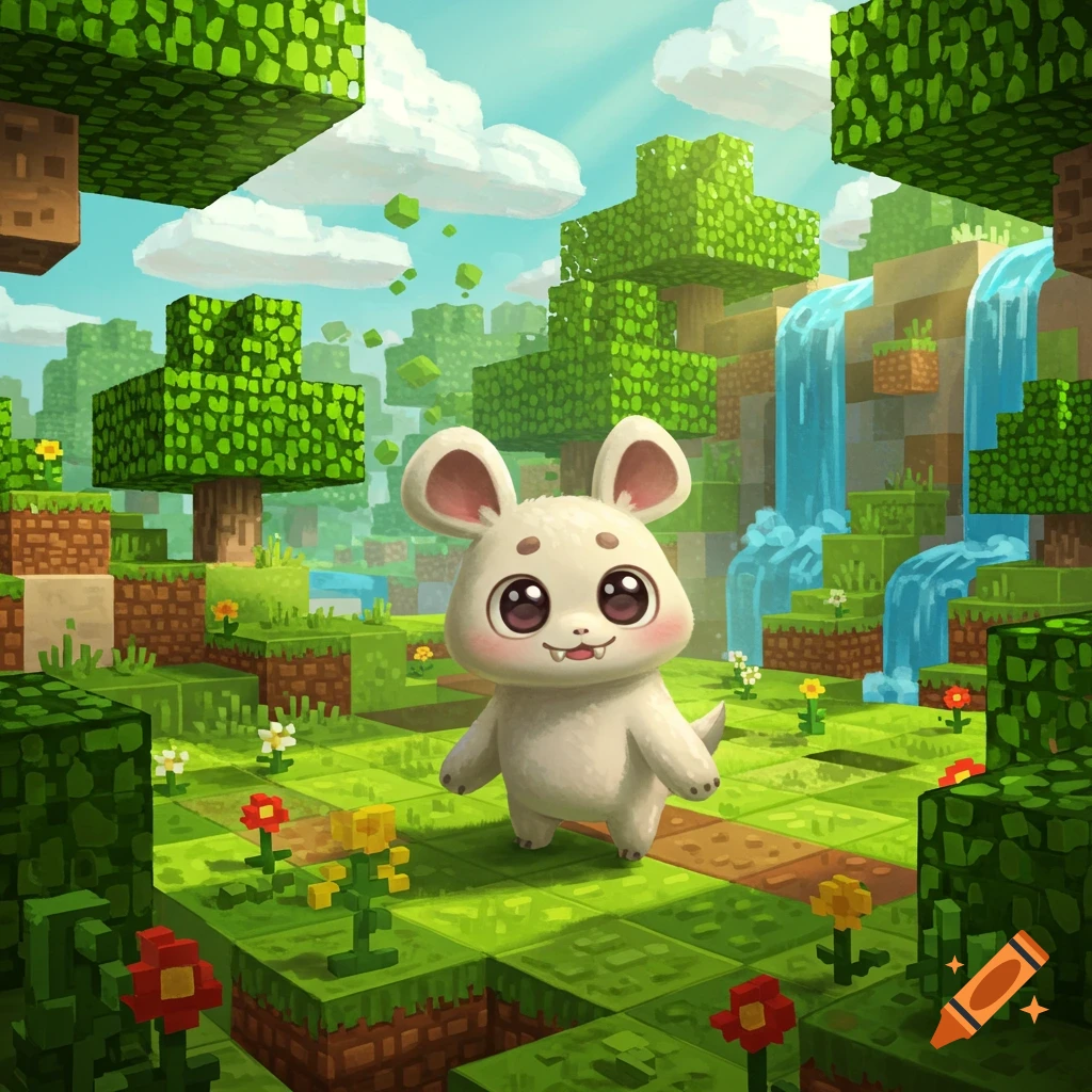 A cute, white mouse-like creature with big eyes stands in a blocky green Minecraft-style world with trees, clouds, and waterfalls.