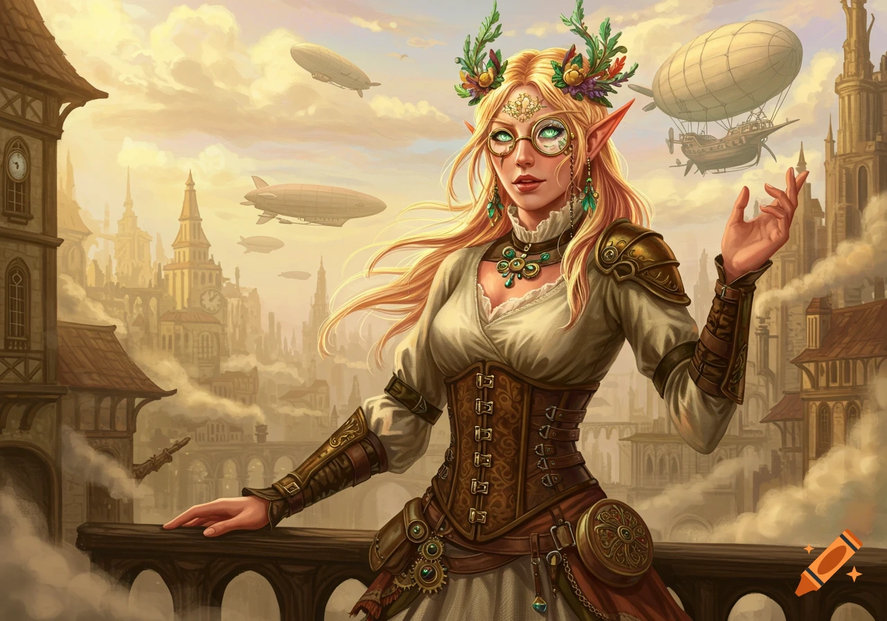 A steampunk elven woman with blonde hair, wearing a corset and goggles, stands on a balcony overlooking a city with airships.