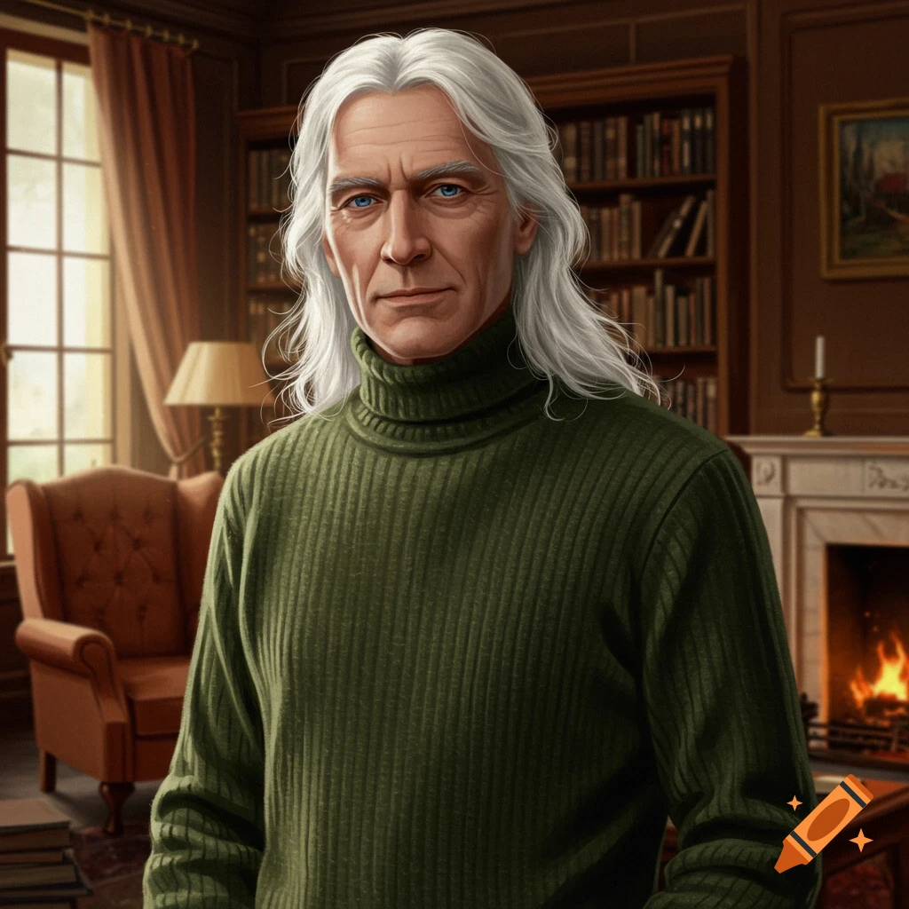 An older man with long white hair and blue eyes, wearing a green turtleneck, stands in a rich study with bookshelves.
