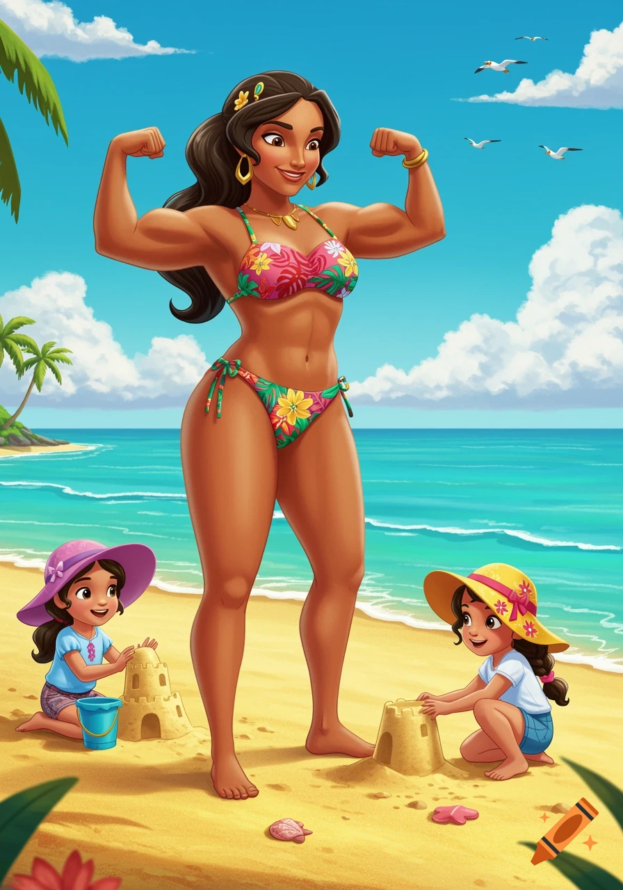 Cartoon woman with muscular arms flexing at a tropical beach while two young girls play in the sand.