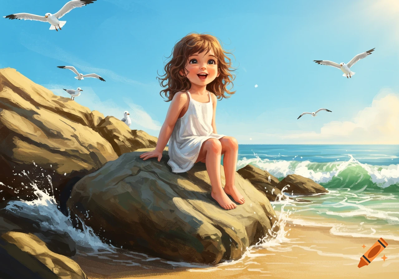 An illustrated cute young girl with curly hair sits smiling on a rock at a sunny beach with seagulls and waves.