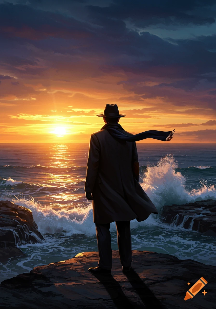A man in a trench coat and fedora stands on a rocky shore, gazing at a dramatic sunset over a choppy ocean.
