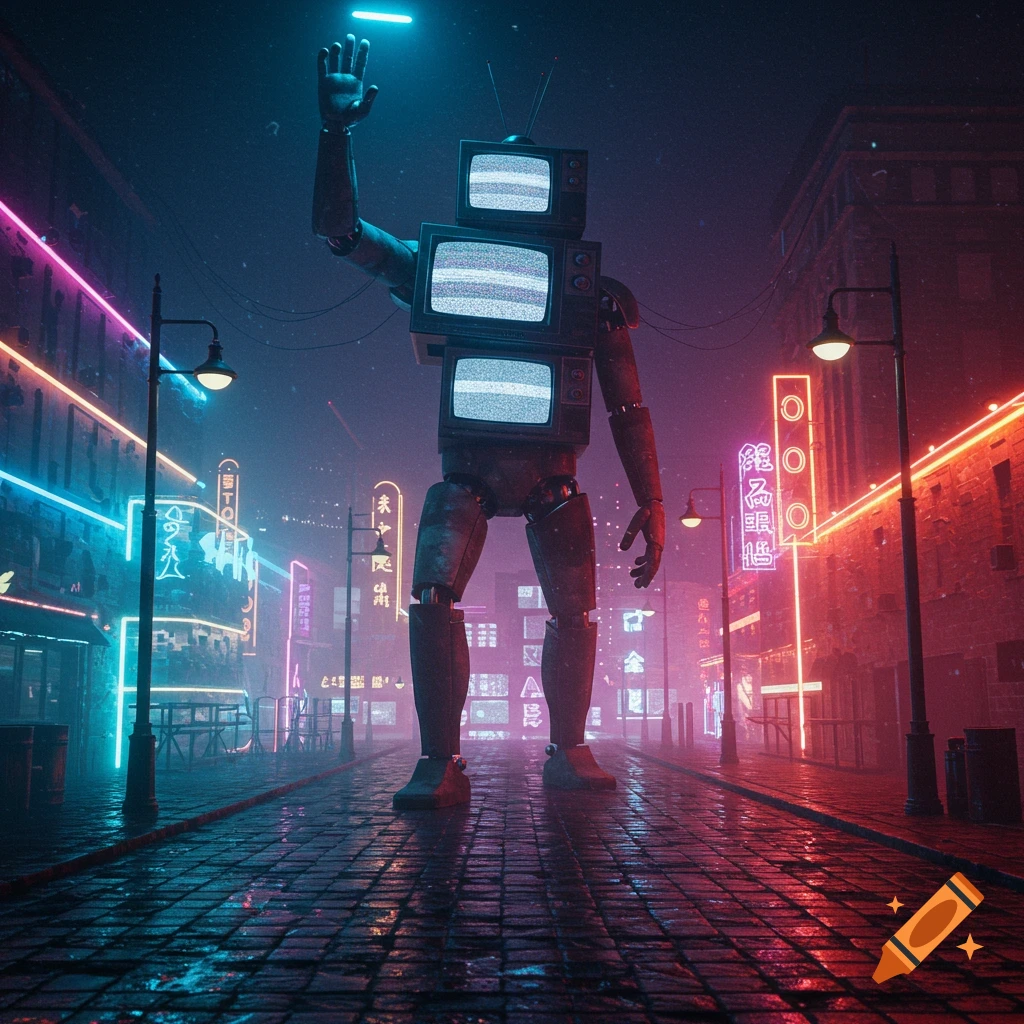 A giant robot made of stacked televisions stands in a rainy, neon-lit cyberpunk city street at night, raising its hand.