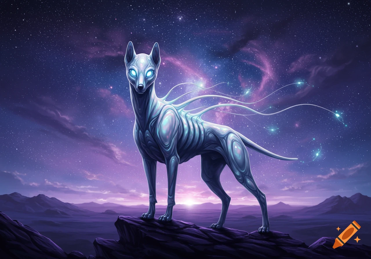 A stylized alien dog with glowing eyes and tendrils stands on a rock against a vibrant purple cosmic sky.