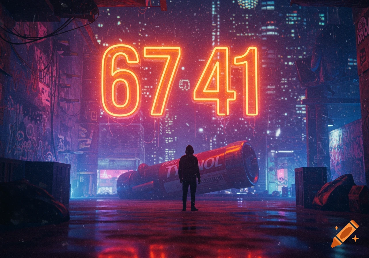 A hooded figure stands on a wet street in a rainy cyberpunk city, looking at giant neon numbers "67 41" and a huge Tylenol bottle.