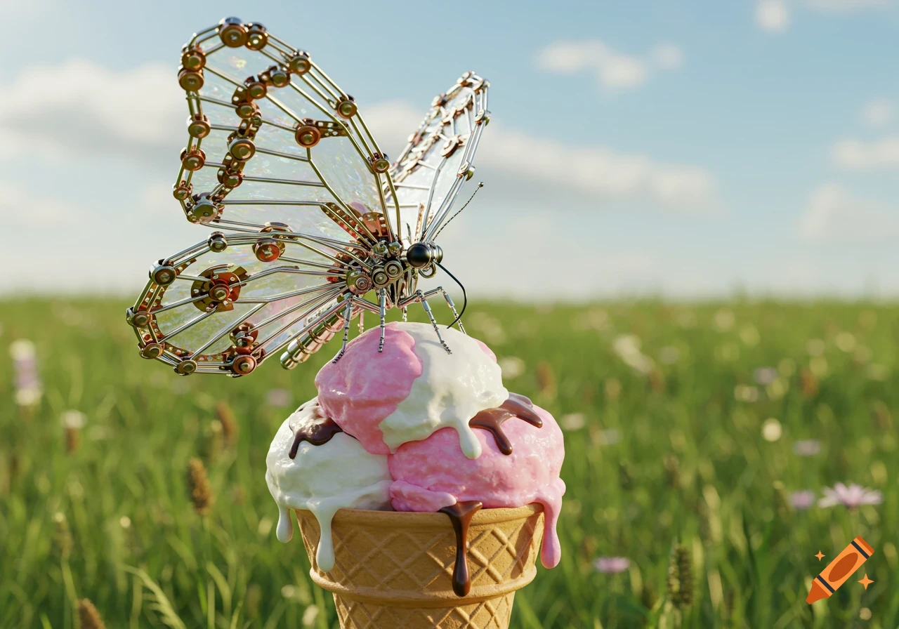 A photorealistic mechanical butterfly with intricate metal wings on a melting strawberry and vanilla ice cream cone in a sunny grassy field.