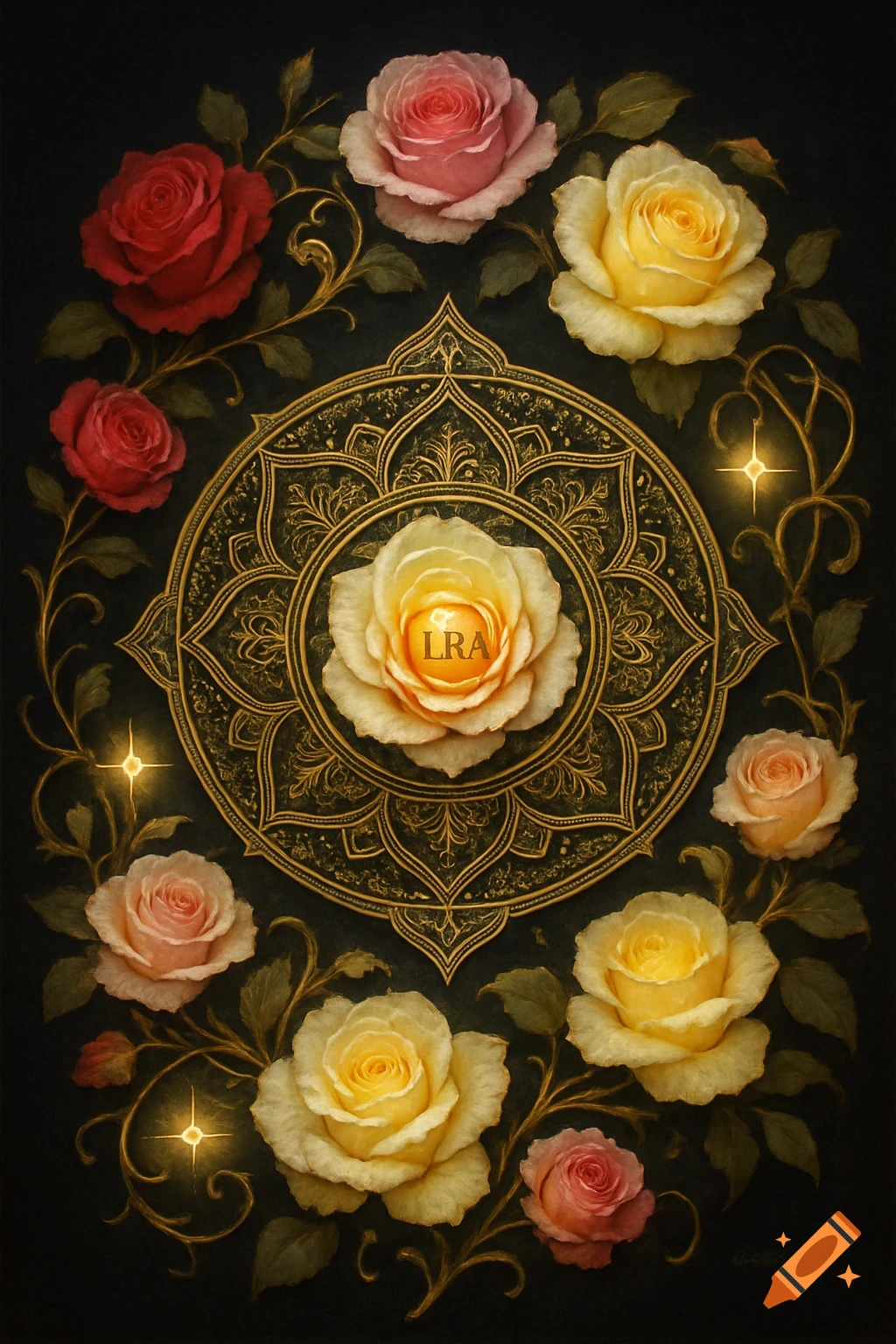An ornate golden mandala on a dark background, framed by various red, pink, and yellow roses and glowing vines. "LRA" is inscribed in the central rose.