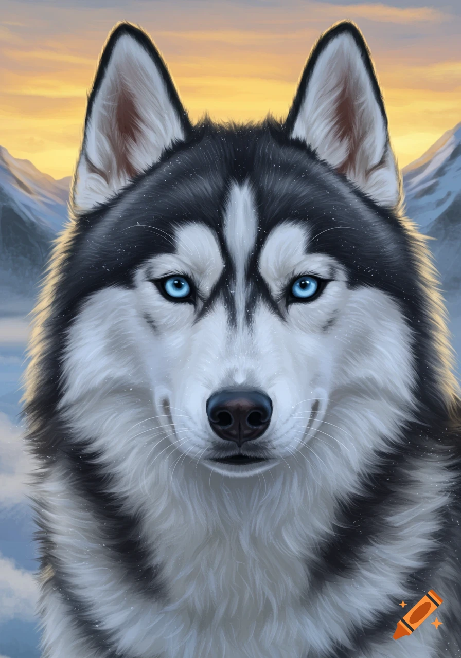 Detailed portrait illustration of a black and white husky with blue eyes against a sunrise mountain backdrop.