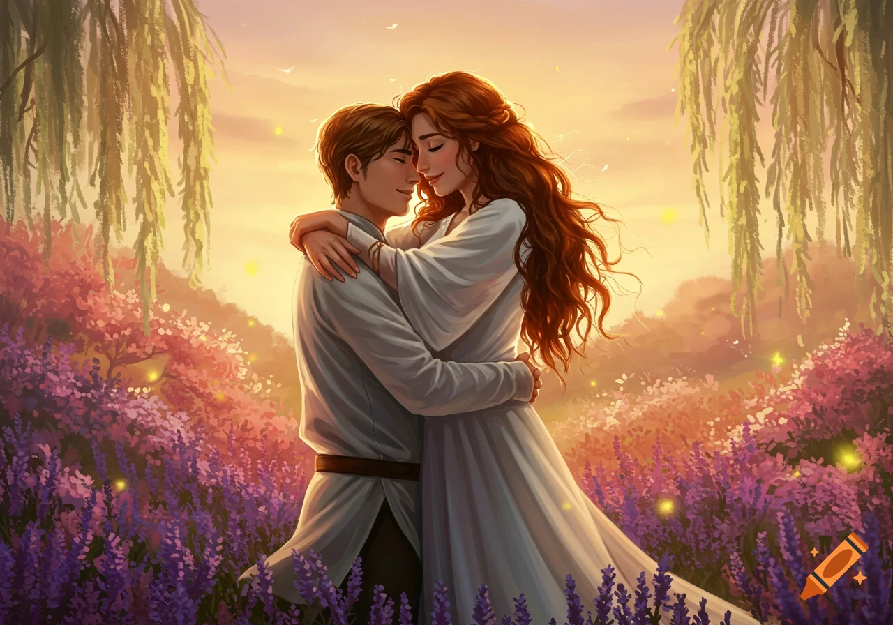 A romantic couple embraces in a vibrant field of lavender and red flowers under a willow tree at sunset, in a whimsical fantasy art style.