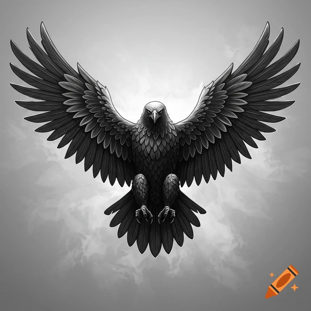 A symmetrical, stylized black eagle with outstretched wings against a cloudy background, rendered for a tattoo design.