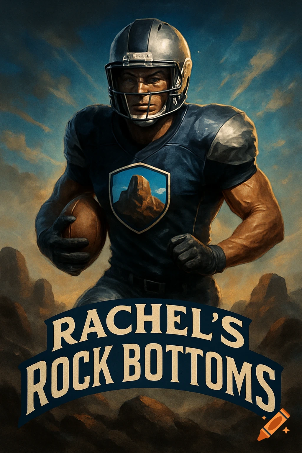 Digital art of a muscular football player in a dark uniform holding a ball, standing amidst rocky terrain. Text reads 'RACHEL'S ROCK BOTTOMS'.