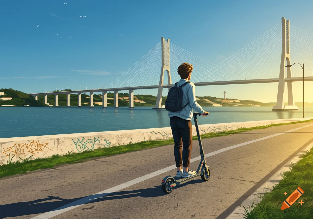 A person on an e-scooter rides on a path beside a river, with a large cable-stayed bridge and a city in the background, in a stylized illustration.