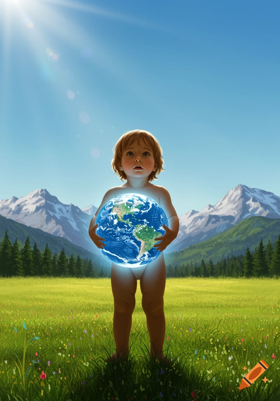 A nude toddler holds a glowing Earth in a lush green field with mountains under a bright sunny sky.