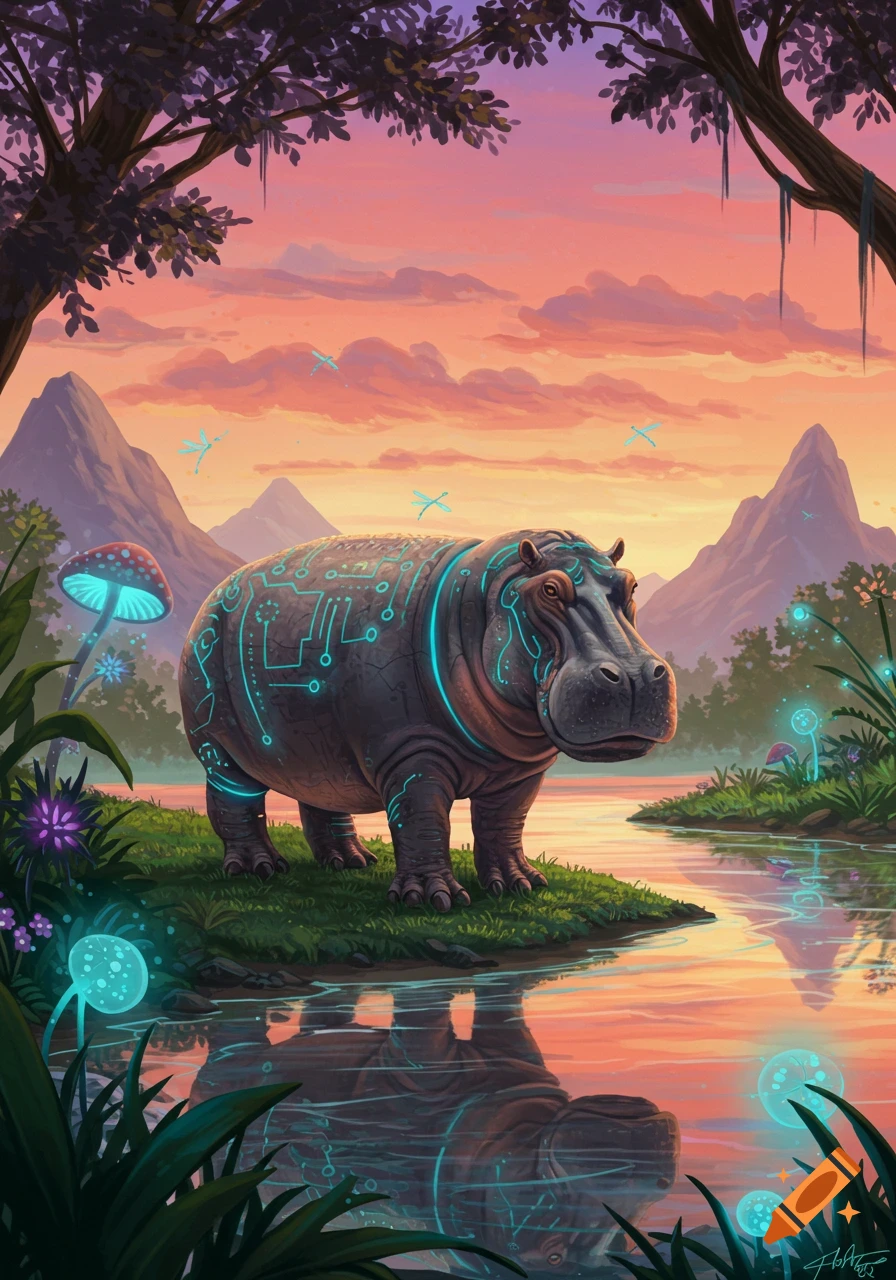 A hippo with glowing blue circuit patterns stands by a reflective river in a vibrant, fantastical sunset landscape with glowing plants.