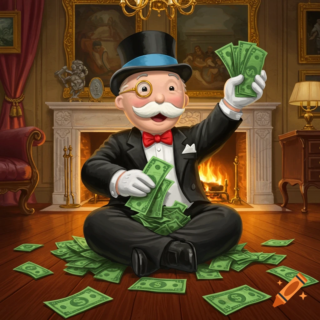 The Monopoly Man sits cross-legged on a wooden floor, surrounded by and holding stacks of dollar bills, in a lavish room with a fireplace and paintings.
