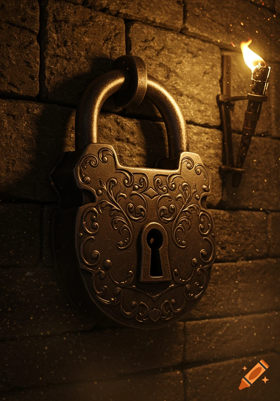 A detailed shot of an ornate, antique padlock with filigree engraving hanging on a dark brick wall, illuminated by a nearby torch.