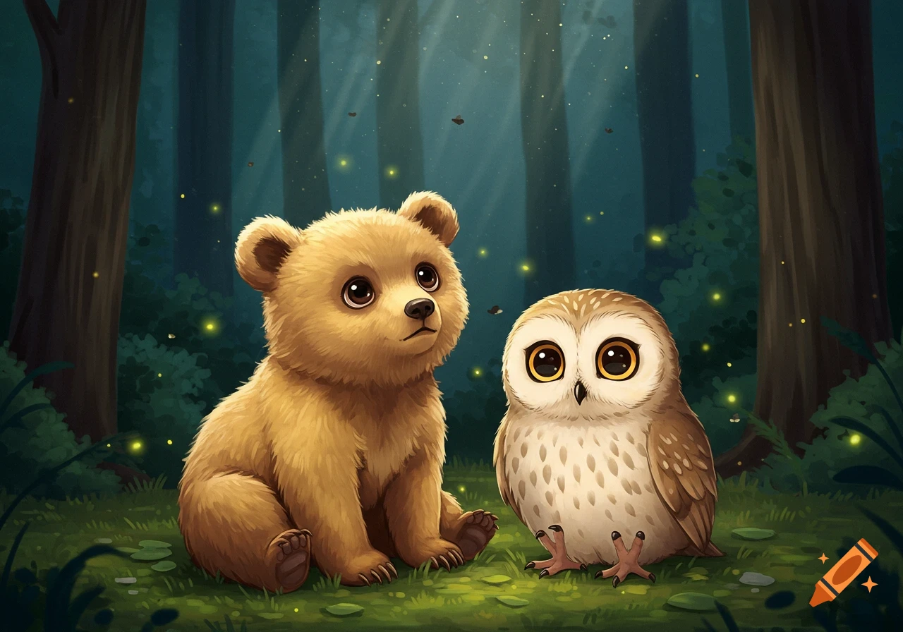 A cute cartoon bear cub and a small owl sit side-by-side on a forest floor, surrounded by glowing fireflies.