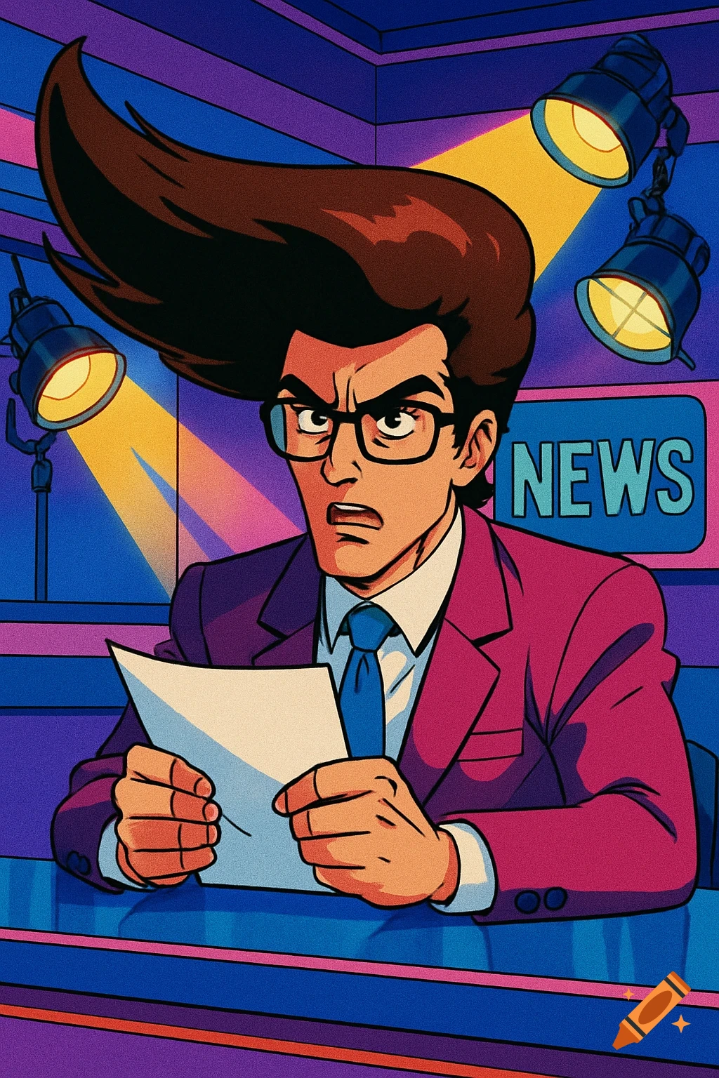 1980s anime-style newscaster with large, crazy hair and glasses, looking serious at a desk with papers, 'NEWS' sign in background.