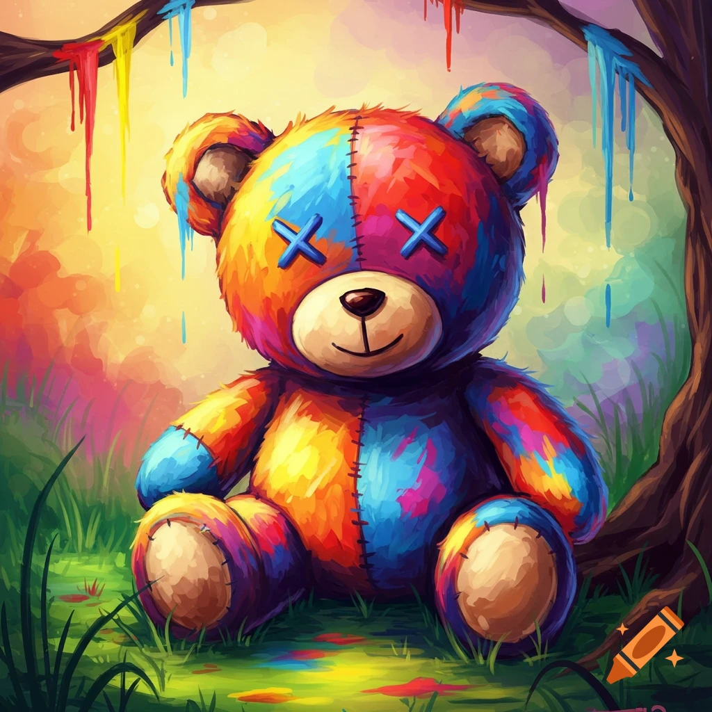 A vibrant, colorful patchwork teddy bear with X-shaped eyes sits in grass, paint drips from a branch overhead. Watercolor art style.