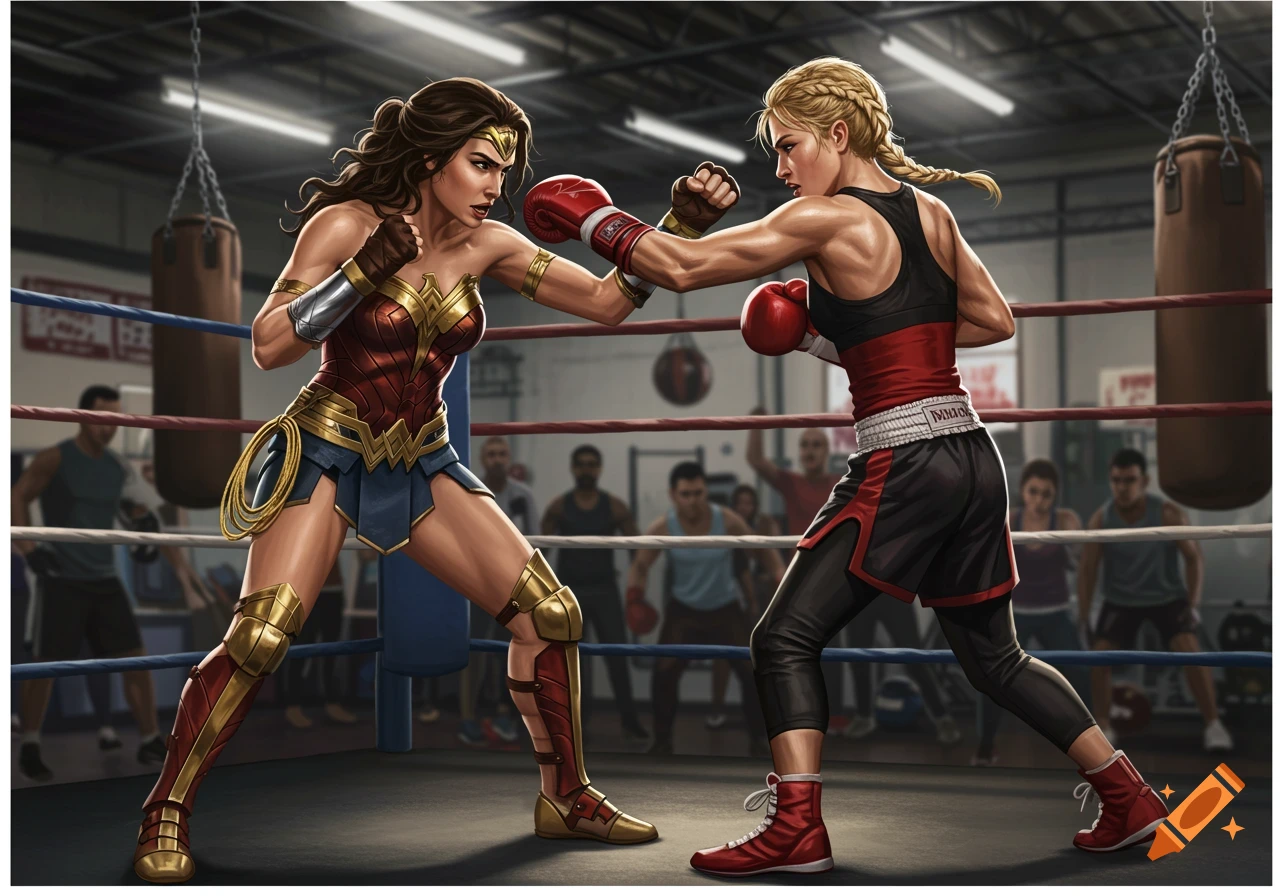 Wonder Woman and a blonde female boxer in a dynamic pose during a boxing match in a ring, illustrated in a comic book style.