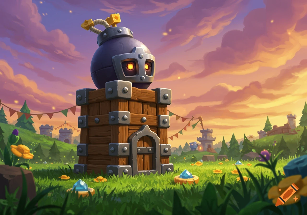 A cartoon bomb character on a wooden tower in a vibrant fantasy landscape with castles, flowers, and a sunset sky.