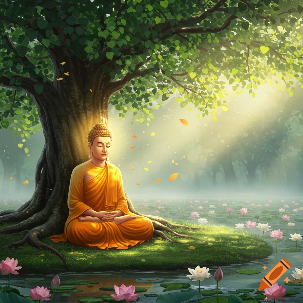 A serene digital painting of Buddha meditating peacefully under a large Bodhi tree by a pond with pink and white lotus flowers in a sunlit forest.