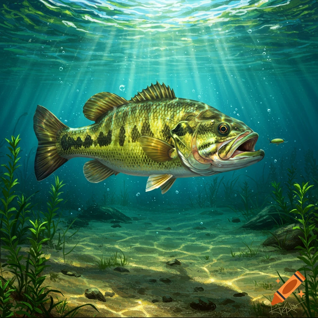 A detailed illustration of a large green bass fish swimming underwater with sun rays, plants, and sand on the bottom.