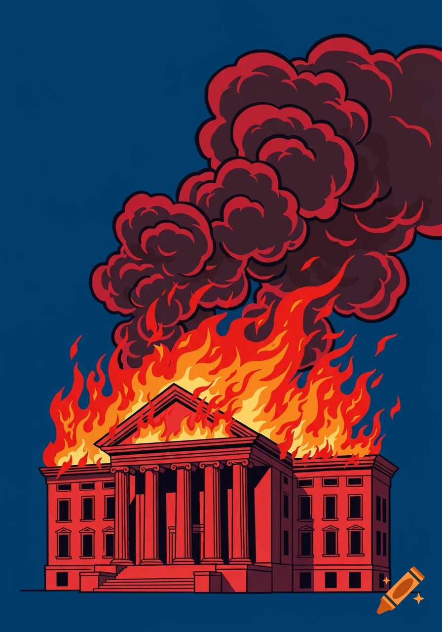 Stylized clip art illustration of a classical courthouse building engulfed in flames and dark smoke against a dark blue background.