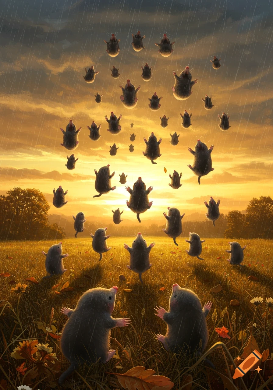 Many cute moles fall like rain from a golden sunset sky onto a grassy field, with more moles standing below.