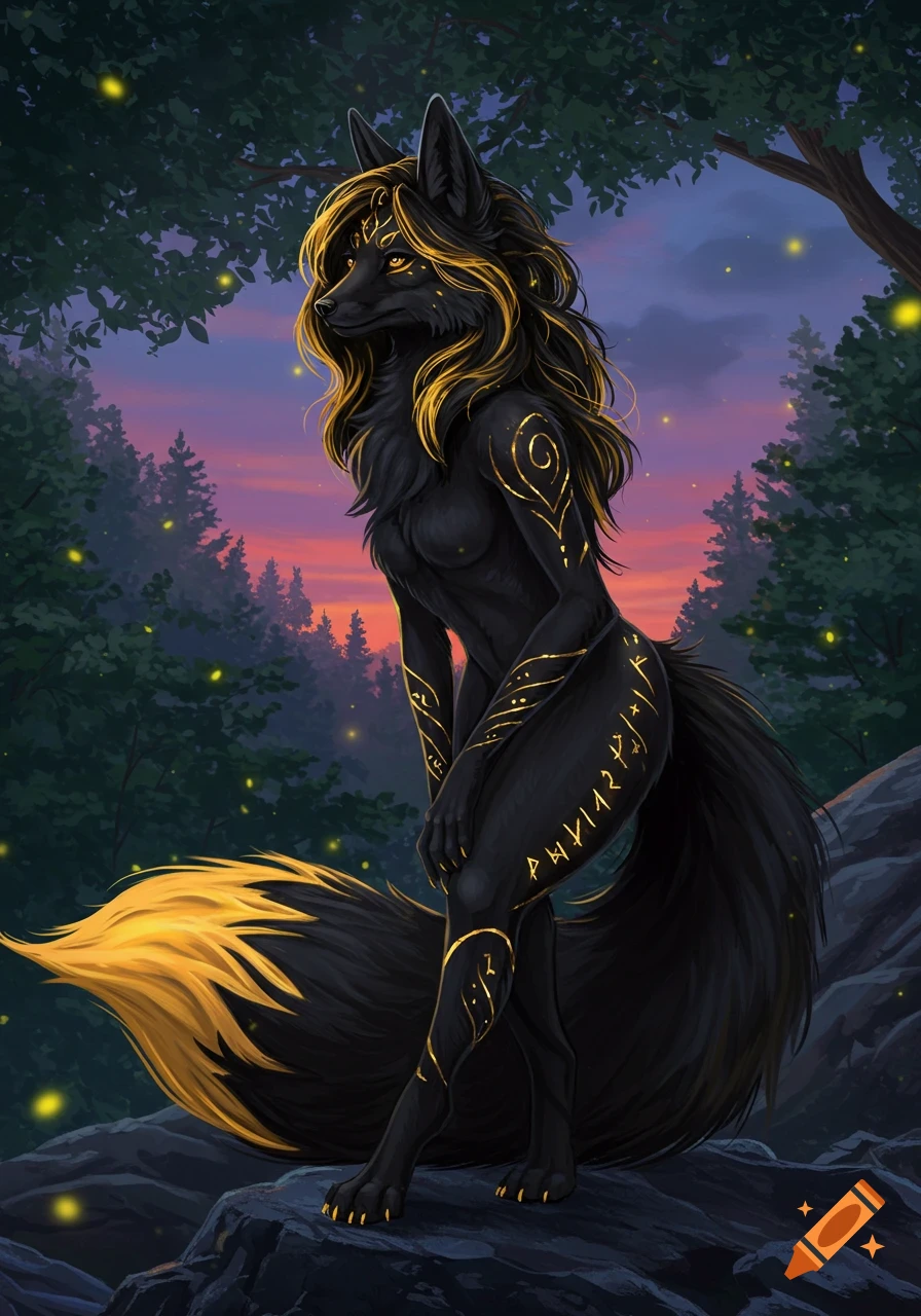 A female anthropomorphic black fox with golden hair and markings stands on rocks in a forest at sunset.