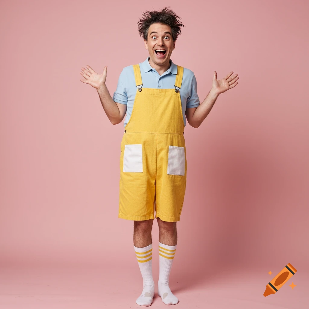Man in yellow overall shorts, light blue polo, and striped socks poses with arms outstretched and a wide, fake smile on a pink studio background.
