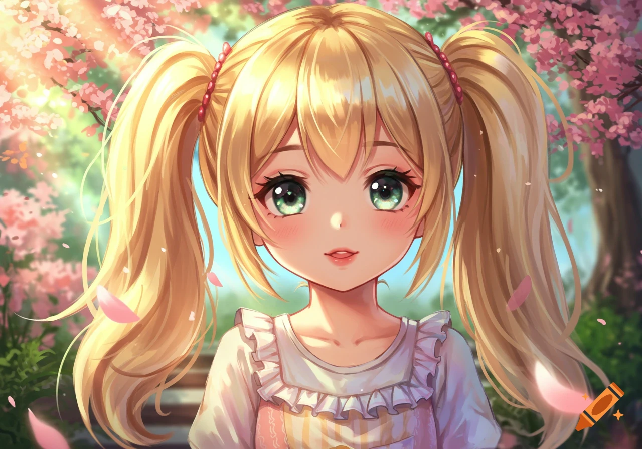 A cute blonde anime girl with pigtails and green eyes smiles in a painterly style, surrounded by pink cherry blossoms and sunlight.